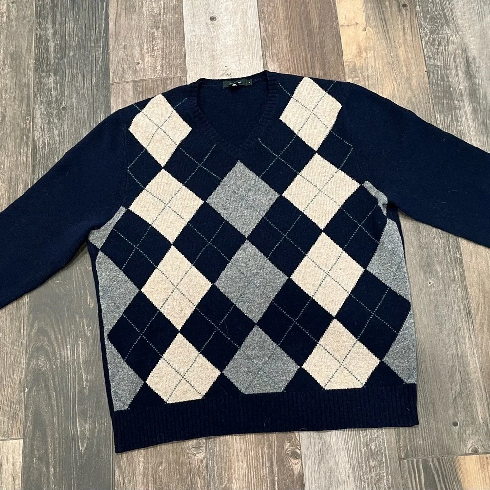 J.Crew Sweater Mens Large Knit LambsWool V-Neck Navy Cream Argyle Vintage